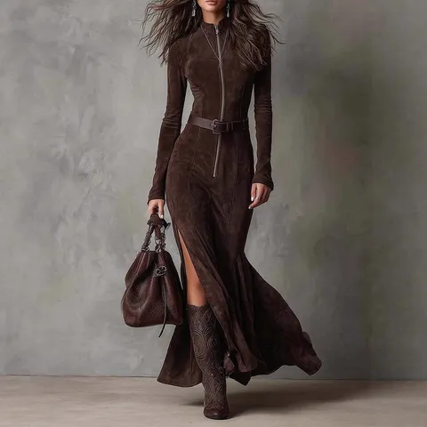 Women's Elegant Stand-Up Collar Long Sleeve Maxi Dress Autumn European Fashion Zipper Faux Suede Dress With Belt