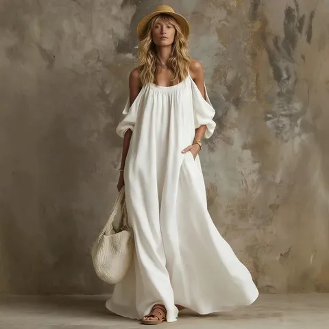 Damen Lässig Lose Baumwoll-Leinen Schulterfrei Maxi Kleid Einfarbig Kurzarm Langes Strand Urlaub Kleid