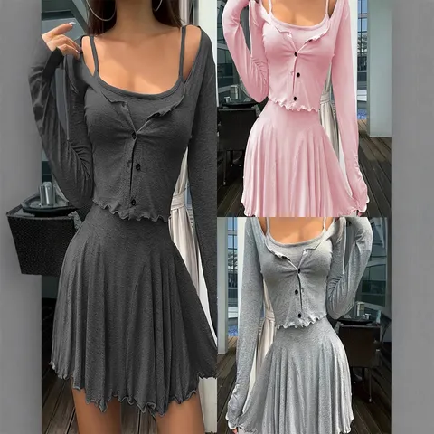 Ropa de Mujer Vintage Casual Color Sólido Manga Larga Cárdigan Outerwear Vestido Lencero Conjunto de Falda Estilo Dulce
