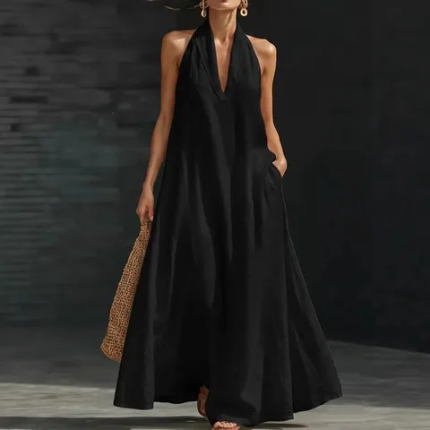 Damen Casual Baumwoll-Leinen Halter V-Ausschnitt Maxi Kleid Sommer Einfarbig Ärmellos Flared Lang Kleid Strand Urlaub Kleidung