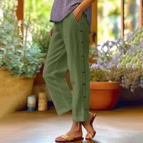 Damen Casual Hoher Bund Locker Gerade Knöchellange Hose Polyester Atmungsaktiv Einfarbig Seitliche Knöpfe Taschen Hose