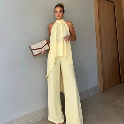 Damen Sommer Casual Einfarbig Ärmellos Halter Top Und Weite Hosen Zweiteiliger Set