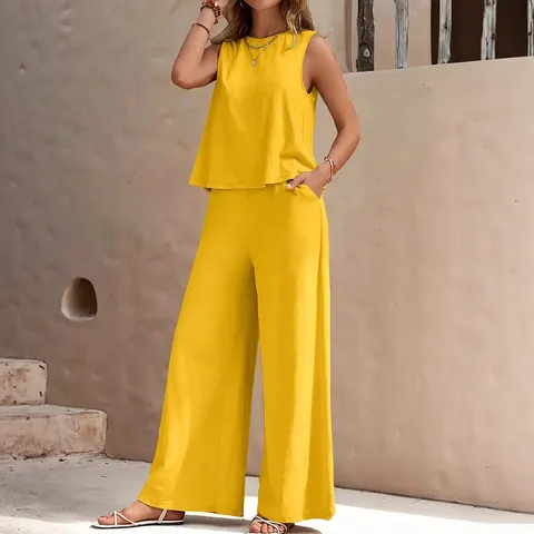 Damen Casual Einfarbig Zweiteiliges Outfit Rundhalsausschnitt Ärmelloses Tanktop Und Weite Hose Sommer Lockerer Schicker Anzug