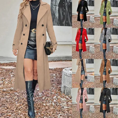 Damen Eleganter Zweireihiger Langer Wollmantel Winter Warmer Trenchcoat Casual Langarm Revers Einfarbig Oberbekleidung