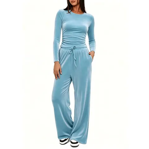 Damen Casual Langarm Top Und Hohe Taille Weite Beine Hose Einfarbig Samt Trainingsanzug Outfit