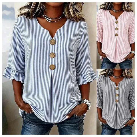 Blusa Casual de Rayas Verticales con Cuello en V y Manga Corta para Mujer Botones Grandes Manga Trompeta Holgada Camisa Chic