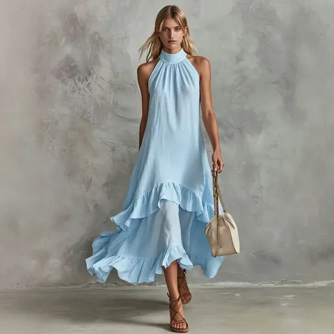 Damen Sommer Vintage Elegant Lässiger Einfarbig Halfter Ärmellos Rüschen Maxi Strand Kleid