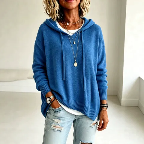 Women Casual Solid Color Long Sleeve Hooded Drawstring Knit Sweater Loose Fit Pullover Fashion Tops