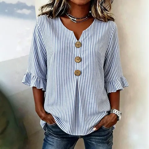 Blusa Casual de Rayas Verticales con Cuello en V y Manga Corta para Mujer Botones Grandes Manga Trompeta Holgada Camisa Chic