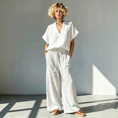 Damen Casual Baumwolle Leinen Mix V-Ausschnitt Kurzarm Hemd Und Weite Hose Oberteil Und Unterteil Sommer Urlaub Outfit