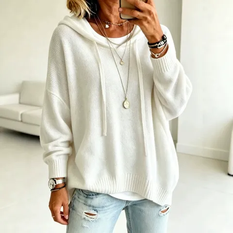 Women Casual Solid Color Long Sleeve Hooded Drawstring Knit Sweater Loose Fit Pullover Fashion Tops