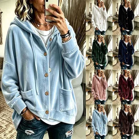 Damen Mode Einfarbig Samt Kapuzenstrickjacke Langarm Knopfleiste Sweatshirt Mit Taschen Lässige Oberbekleidung