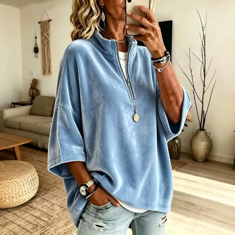 Damen Casual Samt Sweatshirt Einfarbig Halb Reißverschluss Dreiviertelarm Hochhals Locker Pullover Top
