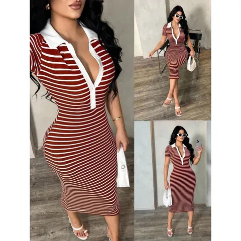 Vestido de Punto a Rayas Casual para Mujer Cuello Solapa Manga Larga Ajustado Cuerpo Midi Elegante Trabajo Otoño Ropa