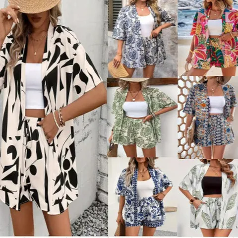 Damen Sommer Urlaub Blumenmuster Zweiteiliges Set Lässiges Kurzarm Cardigan Shirt Und Kordelzug Hohe Taille Shorts Outfit