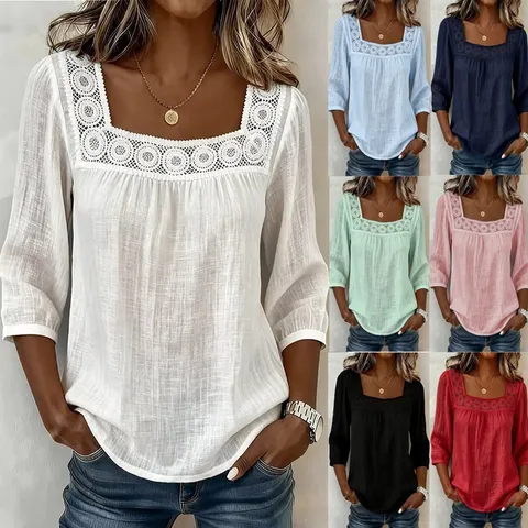 Damen Sommer Casual Einfarbig Viereckiger Ausschnitt Spitzen-Patchwork Dreiviertelarm Polyester Bluse Schmale Passform Elegantes Top