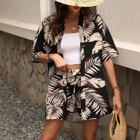 Damen Sommer Urlaub Blumenmuster Zweiteiliges Set Lässiges Kurzarm Cardigan Shirt Und Kordelzug Hohe Taille Shorts Outfit