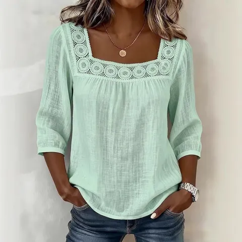 Damen Sommer Casual Einfarbig Viereckiger Ausschnitt Spitzen-Patchwork Dreiviertelarm Polyester Bluse Schmale Passform Elegantes Top