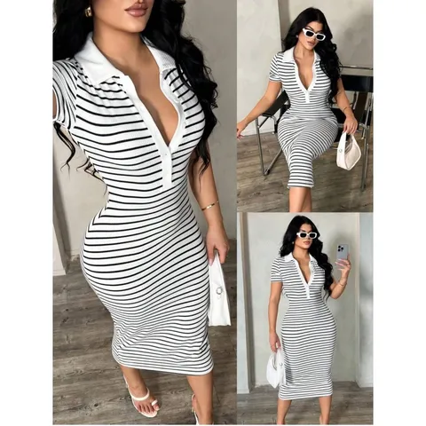 Vestido de Punto a Rayas Casual para Mujer Cuello Solapa Manga Larga Ajustado Cuerpo Midi Elegante Trabajo Otoño Ropa