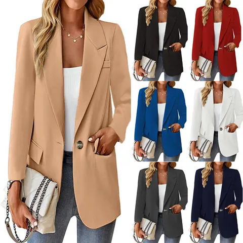 Damen Casual Einfarbig Langarm Revers Ein-Knopf Blazer Jacke Elegante Büro Pendler Anzug Oberbekleidung