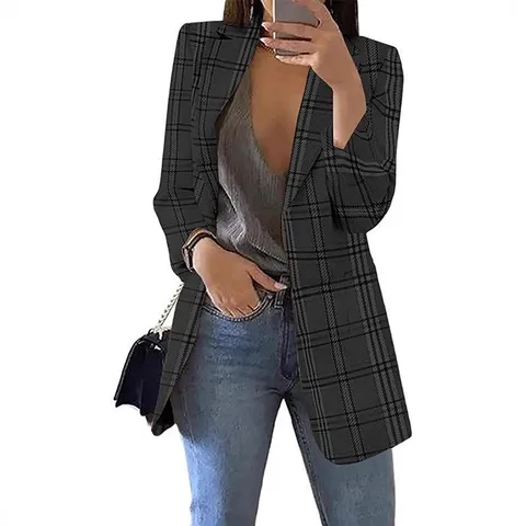 Women Casual Cotton Blend Plaid Suit Jacket Fashion Lapel Long Sleeve Slim Open Front Blazer Spring Autumn Outerwear