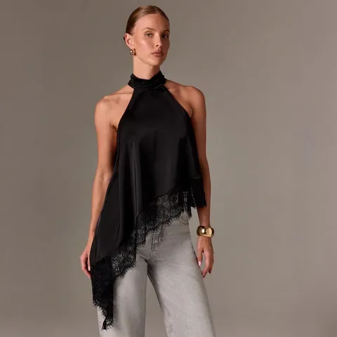 Damen Sommer Mode Ärmellos Satin Halter Top Gesteppte Spitze Kante Lässig Sexy Elegantes Tank Top