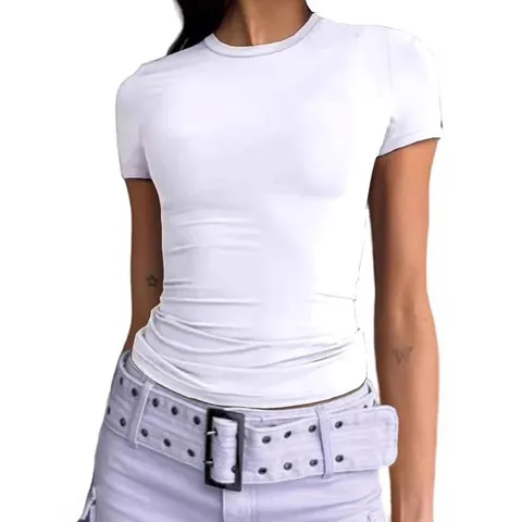 Damen Casual Slim Fit Einfarbig Kurzarm T-Shirt Basic Rundhals Milchseide Mode Sommer Top