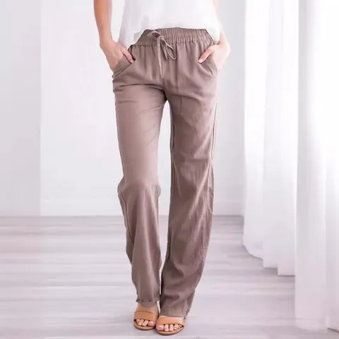Damen Casual Einfarbig Baumwolle Leinen Kordelzug Lose Weites Bein Hose Hohe Taille Elastisch Lange Hose Frühling Sommer
