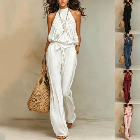 Women's Bohemian Halter Sleeveless Wide Leg Long Jumpsuit High Waist Tie Solid Color Casual Vacation Polyester Romper
