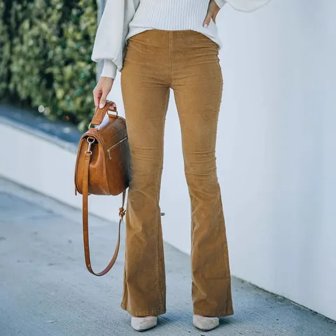 Damen Casual Cord Hohe Taille Schmale Passform Mikro Schlaghose Einfarbig Lange Hose Elastischer Bund Streetwear