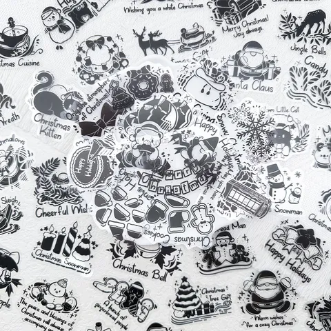 Christmas Theme PET Stickers Black Ink Style Waterproof Decorative Decals For Laptop Phone Gift Decor