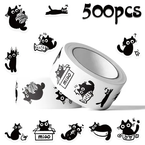 Cute Cartoon Black Cat Sticker Roll Self-Adhesive Paper Decorative Seal Stickers For Notebook Envelope Gift Box Journal