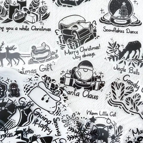 Christmas Theme PET Stickers Black Ink Style Waterproof Decorative Decals For Laptop Phone Gift Decor