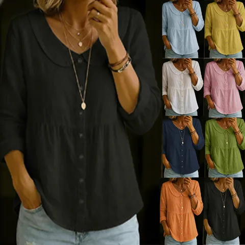 Women Casual Long Sleeve Blouse Peter Pan Collar Cotton Linen Solid Color Loose Fit Casual Button Down Top