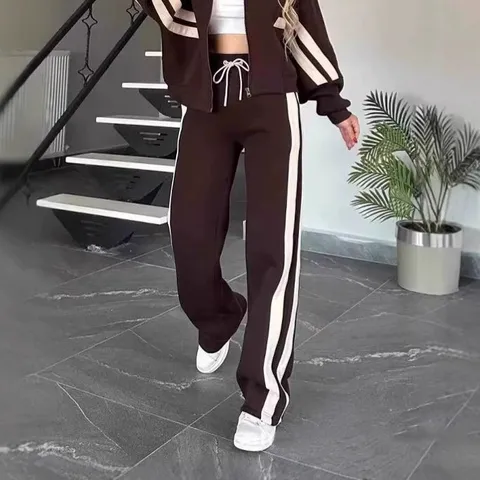Damen Freizeit Sport Zweiteiler Set Farbblock Reißverschluss Cardigan Jacke Und Weites Bein Lange Hose Anzug Jogging Outfit Loungewear