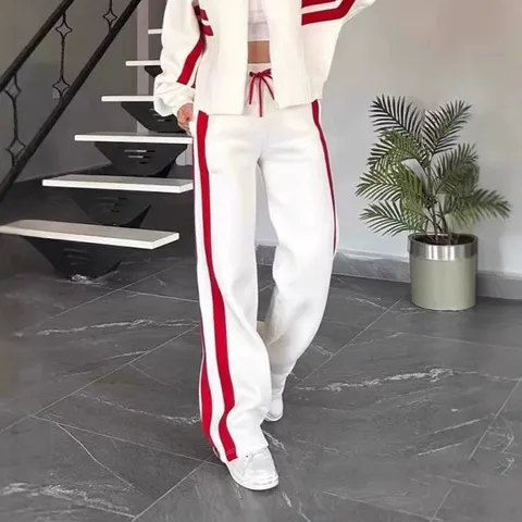 Damen Freizeit Sport Zweiteiler Set Farbblock Reißverschluss Cardigan Jacke Und Weites Bein Lange Hose Anzug Jogging Outfit Loungewear