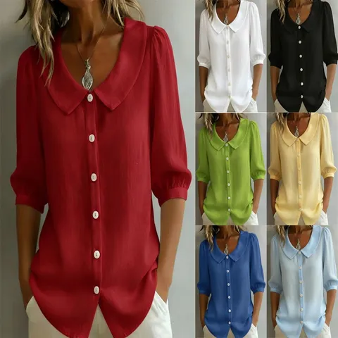 Damen Casual V-Ausschnitt Kurzarm Bluse Einfarbig Lockere Passform Polyester Sommer Tägliches Pendeln Knopfleiste Hemd