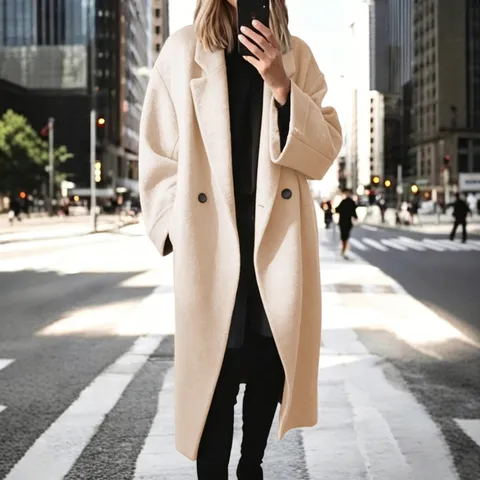Women Casual Solid Color Long Wool Blend Trench Coat Lapel Single Breasted Long Sleeve Outerwear Winter Fashion Clothing