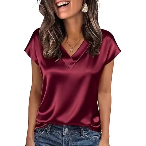 Damen Casual Satin T-Shirt Sommer V-Ausschnitt Kurzarm Einfarbig Pullover Elegantes Basic Büro Oberteil
