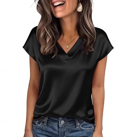 Damen Casual Satin T-Shirt Sommer V-Ausschnitt Kurzarm Einfarbig Pullover Elegantes Basic Büro Oberteil
