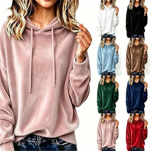 Sudadera con Capucha de Terciopelo Casual para Mujer Suéter Holgado Manga Larga con Cordón Color Sólido Otoño Invierno Top