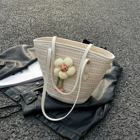 Womens Fashion Woven Straw Bucket Bag Large Capacity Casual Summer Beach Shoulder Handbag With Floral Decor