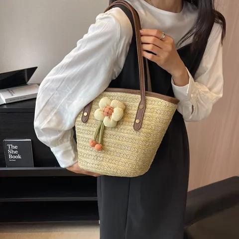 Womens Fashion Woven Straw Bucket Bag Large Capacity Casual Summer Beach Shoulder Handbag With Floral Decor