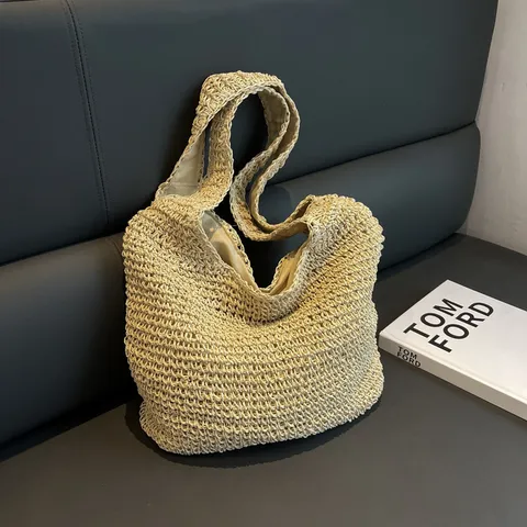 Borsa a Secchiello in Paglia Intrecciata di Grande Capacità Donna Casual Spiaggia Estiva Borsa a Tracolla Moda Viaggio Quotidiano
