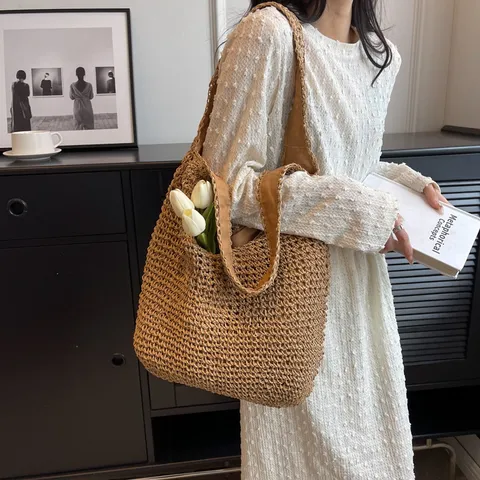 Borsa a Secchiello in Paglia Intrecciata di Grande Capacità Donna Casual Spiaggia Estiva Borsa a Tracolla Moda Viaggio Quotidiano