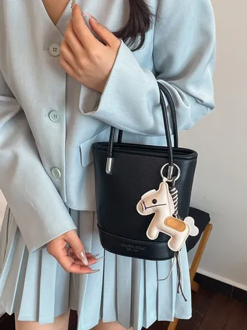 Damen Litschimuster Eimertasche High-End Pendler Schulter Crossbody Tasche Mit Pferdeanhänger Einfarbig PU Leder Handtasche