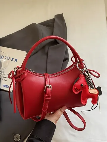 Γυναικείο Módas Dέρμα PU Crescent Tsάντα Χειρός Vintage Mονόχρωμο Chiasτί Με Φιόγκο Και Άλογο Charms