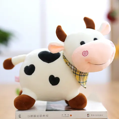 Cute Dairy Cow Plush Toy Lying Soft Stuffed Animal Doll With Heart Pattern And Scarf Perfect Kids Birthday Gift