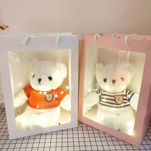 Peluche Oso de Peluche Juguete Animal Con Cadena de Luces LED Caja de Regalo Transparente Regalo de Cumpleaños San Valentín Muñeco de Oso Lindo