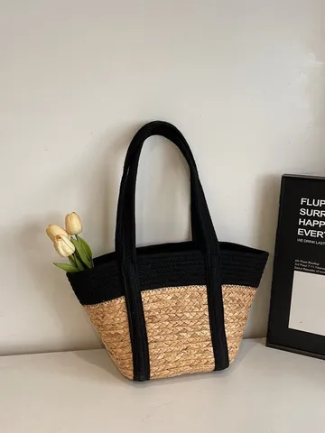Borsa Tote in Tessuto di Paglia di Grande Capacità Per Donne Estate Vacanza al Mare Borsa a Tracolla Casual Bordo Nero Uso Quotidiano